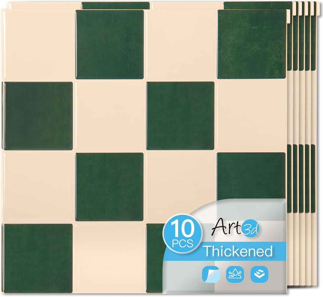 Art3d 10-Pack Heavy-Duty Peel and Stick Backsplash, 12x12 Inch Self-Adhesive Wall Tile Stick on Kitchen Countertop, Dark-Green & Warm White