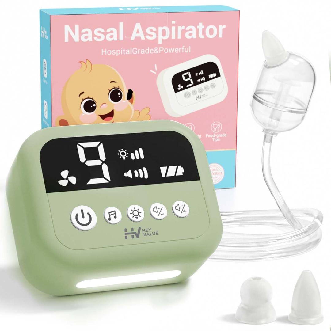 HEYVALUE Nasal Aspirator for Baby, Hospital Grade Nose Sucker with 9 Levels Suction, Night Light and Nursery Rhyme Soothing, Electric Nose Suction for Baby with Food-Grade Silicone Tips Green