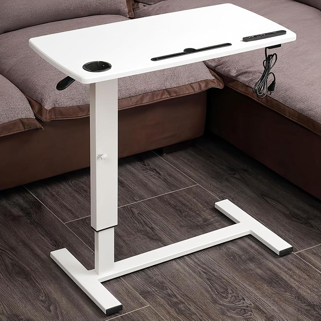 Overbed Table with Adjustable Height, Hospital Bed Table with Wheels, Rolling Bedside Table Pneumatic Mobile Standing Laptop Desk with USB Charging and Cup Holder (White)
