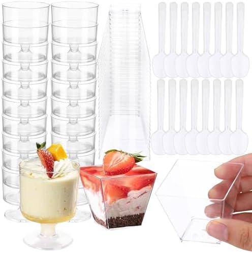 Funnymoom 50 Pack Dessert Cups with Spoons 2oz Clear Plastic Dessert Parfait Cup Mini Square Shot Glasses Round Goblet Shooters Plastic Spoons for Fruit Ice Cream Cake Party Supplies (Clear)