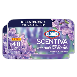 Clorox Scentiva Disinfecting Wet Mop Pad, Disposable Heads, Multi-Surface Floor Wipes, Lavender and Jasmine, 2 Packs, 24 Refills Per Pack 