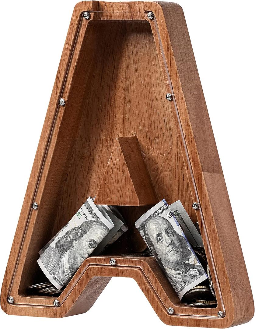 Piggy Bank for Kids Boys Girls, Wooden Large Letter Piggy Bank Alphabet Money Bank with Initial A, Coin Bank Fun Gifts for Birthday, Christmas, Festival, Baby Shower