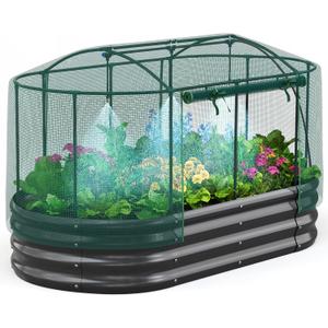 Quictent Galvanized Raised Garden Bed Kit with Self Watering System and Mesh Cover, Large Oval Metal Outdoor Planter Garden Boxes for Vegetables Herbs Flowers, 6x3x1Ft