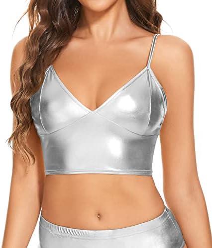 Vinaderhom Women's Metallic Crop Top Shiny Rave Bra for Dance Festivals Costumes L