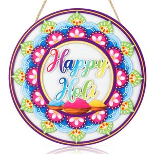 CHDITB 3D Happy Holi Wood Sign, Indian Hindu Festival of Colors Party Hanging Decor, Celebrating Spring Wooden Wall Hanger, Colorful Round Holi Hai Door Sign for Front Door Porch Farmhouse(12"x 12")