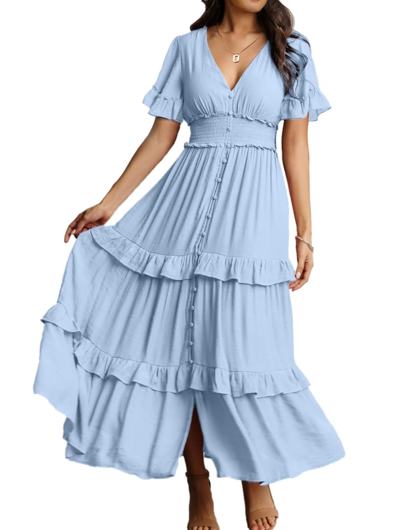 Amegoya Women's V Neck Long Sleeve Boho Maxi Dress Summer Wedding Guest Long Flowy Engagement Dresses M