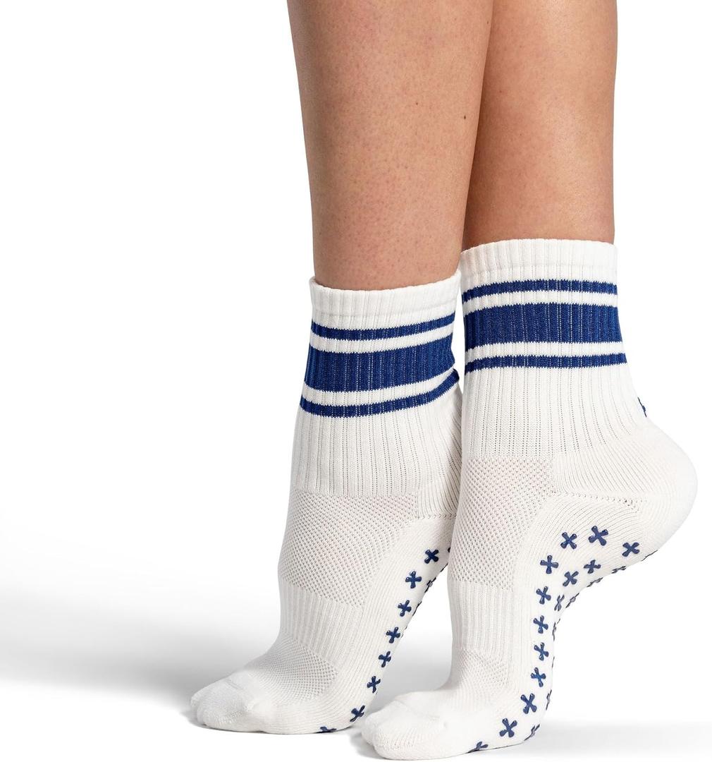 Kamo Fitness Pilates Socks with Grips for Women - Non-Slip Yoga, Barre Grip Sock - Grippy Cotton Crew Socks for Pilates, Yoga, Ballet, Reformer (White & Navy Touch, One Size)