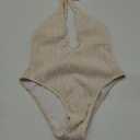 ZAFUL Women Plunging One Piece Swimsuit Backless Cross Tie High Cut Thong One-Piece Bathing Suit (Small, 3-beige)