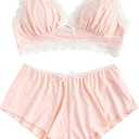 SweatyRocks Women's Lace Trim Underwear Lingerie Straps Bralette and Panty Set (Large)