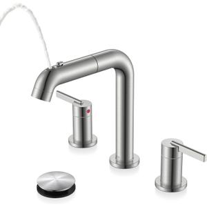 KENES Widespread Bathroom Faucet with Sprayer, Brushed Nickel Bathroom Sink Faucet with Pull Down Sprayer, 8 Inch 3 Hole Pull Out Bathroom Faucet with Pop Up Drain & Supply Lines LJ-9058A