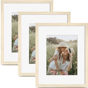 Momentworth 16x20 Picture Frame with Mat for 11x14 Set of 3, Natural Wood Grain 16x20 Frames for Wall Mounting (3 Pack, Natural)