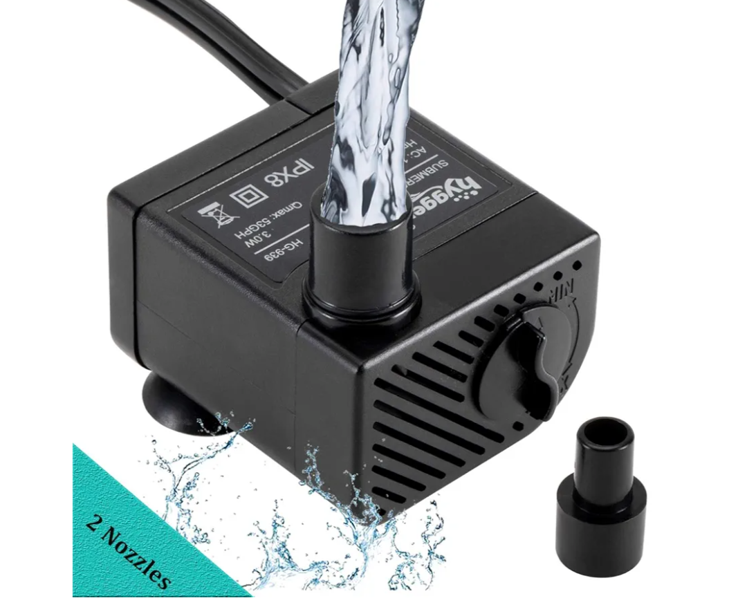 hygger Ultra Quiet 53GPH (200L/H, 3W) Submersible Mini Water Pump Comes with 2 Nozzles, for Aquariums, Fish Tank, Fountain, Hydroponics, Max Lift Height 1.7ft, 120V/60HZ, Power Cord 6ft