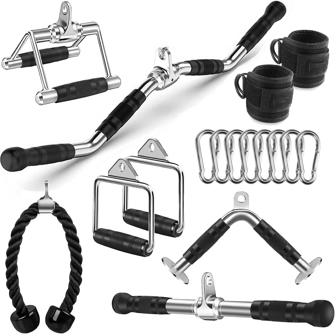 Cable Machine Attachment, LAT Pulldown Attachments, Home Gym Accessories, Triceps Pull Down Attachment (V Handle + Row Handle + Rotating Bar + Tricep Rope + Ankle Straps + D Handle + Curl LAT Bar)