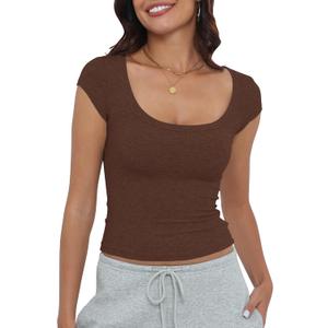 Artfish Women's Short Sleeve T-Shirts Low Scoop Neck Slim Fitted Ribbed Knit Casual Longer Crop Top (X-Large, Brown)