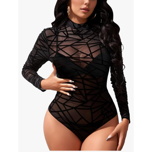 Buauty Long Sleeve Mesh Bodysuit for Women, Sheer Mesh Top Round Neck See Through Leotard Jumpsuit Snap Crotch Clubwear Black XL
