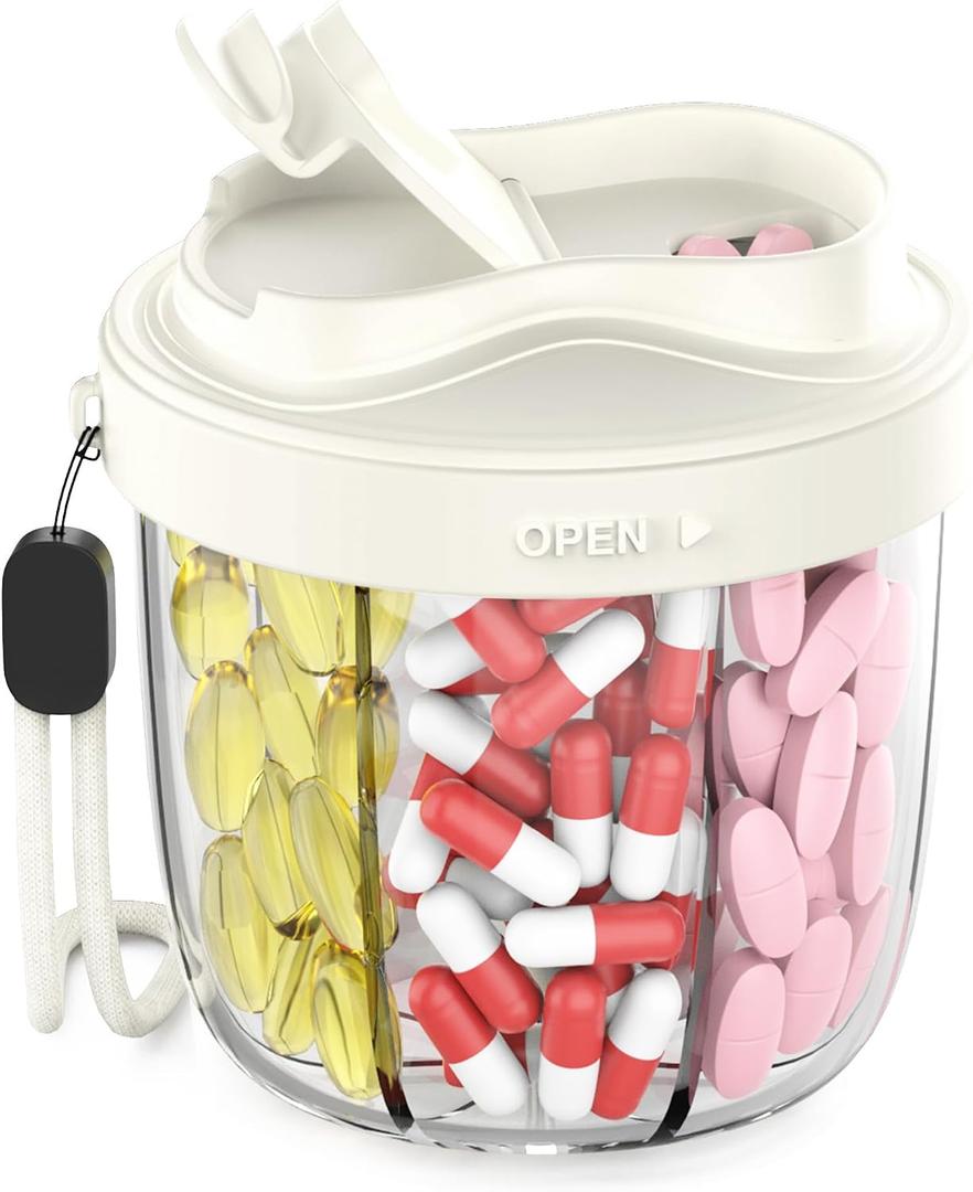 Pill Organizer, Pill Dispenser with 7 Large Compartments, Portable Pill Box for Travel, Anti-Mix Design & Wide Opening Design, Easy Access to Vitamin Dispenser, Includes 20 Blank Stickers(White)
