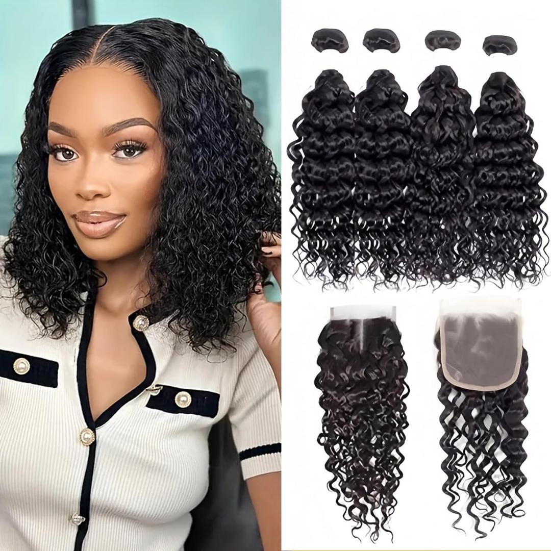 Foruiya Water Wave 4Bundles(50g/bundle) with 4X4 Lace Closure Curly Wave Human Hair Bundles with Lace Closure Brazilian Wet and Wavy Bundles with Closure (12/12/12/12+12" Closure)