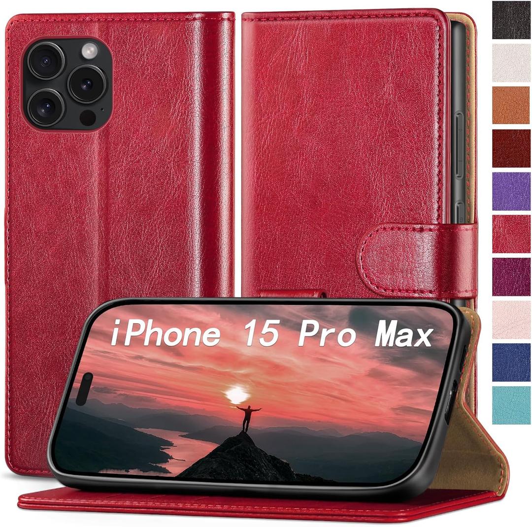 for iPhone 15 Pro Max 6.7" Phone case[RFID Blocking Leather],[3 Credit Card Slot] Flip Folio Book Shockproof Protector,Holder Stand Cases,Women Men for Apple 15 ProMax Wallet Cover,Red