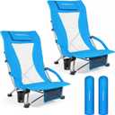 2 Pack Low Beach Chairs for Adults with High Back, Support 400LBS | Portable Beach Chair with 3-Position Adjustable Upper Backrest, Neck Support & Cup Holder for Beach, Caming, Ocean Blue