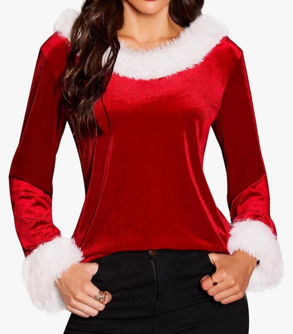 Christmas Tops for Women - Xmas V Neck Fur Trim Sweaters Casual Loose Sweatshirts Velvet Long Sleeve Pullover Size XL