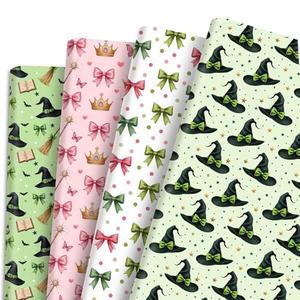 Pineraap 12 Sheets Witch Wrapping Paper, Pink and Green Gift Wrap - Watercolor Bow Crown Witch Hat Broom Print Gift Packing Paper for Girls Women Birthday Princess Themed Party, 19.7 x 27.6 Inch