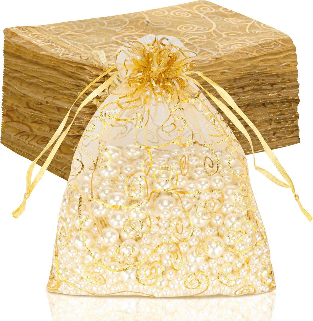 Staruby Organza Gift Bags 100Pcs Gold Sheer Organza Bag 5x7 Inch Mesh Favor Bags Drawstring Jewelry Rattan Printed Gift Pouches for Wedding Party Favors Couple Shower Christmas Gifts Candy Bags