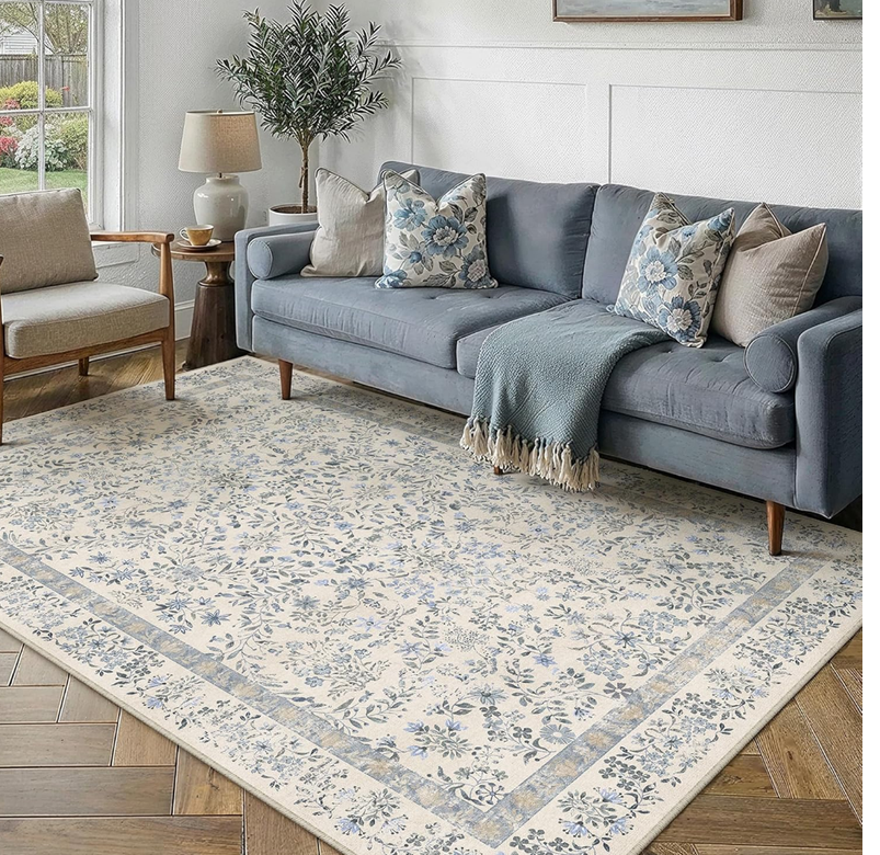 PureCozy 6x9 Blue Area Rug for Living Room Bedroom Washable Vintage Floral Carpet Low Pile Non Slip Botanical Aesthetic Dining Room Soft Accent Throw Rug Nursery Office Indoor