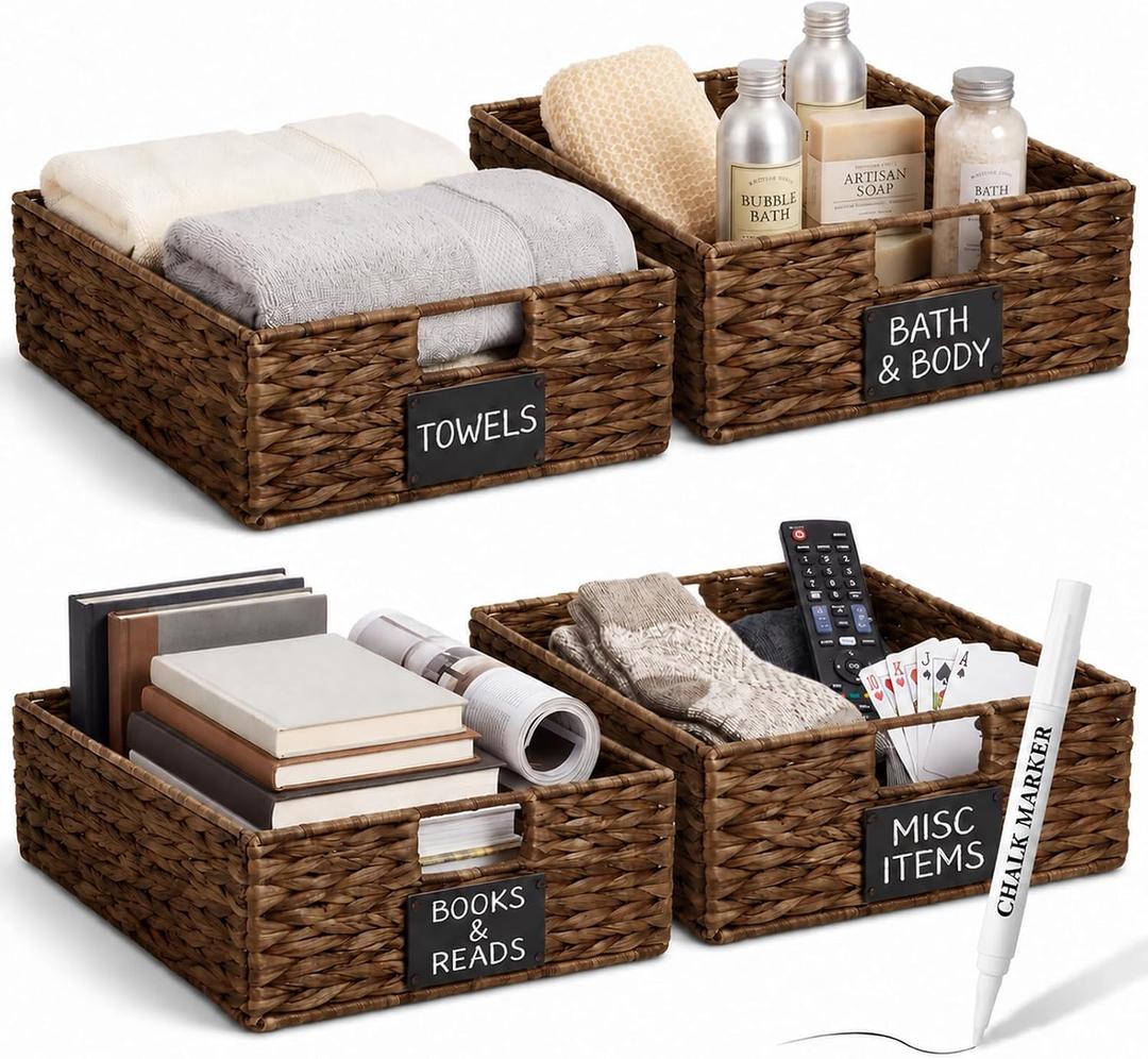 Nitial Wicker Storage Baskets Set of 4, 16 x 12 x 5 Inch, Dark Brown