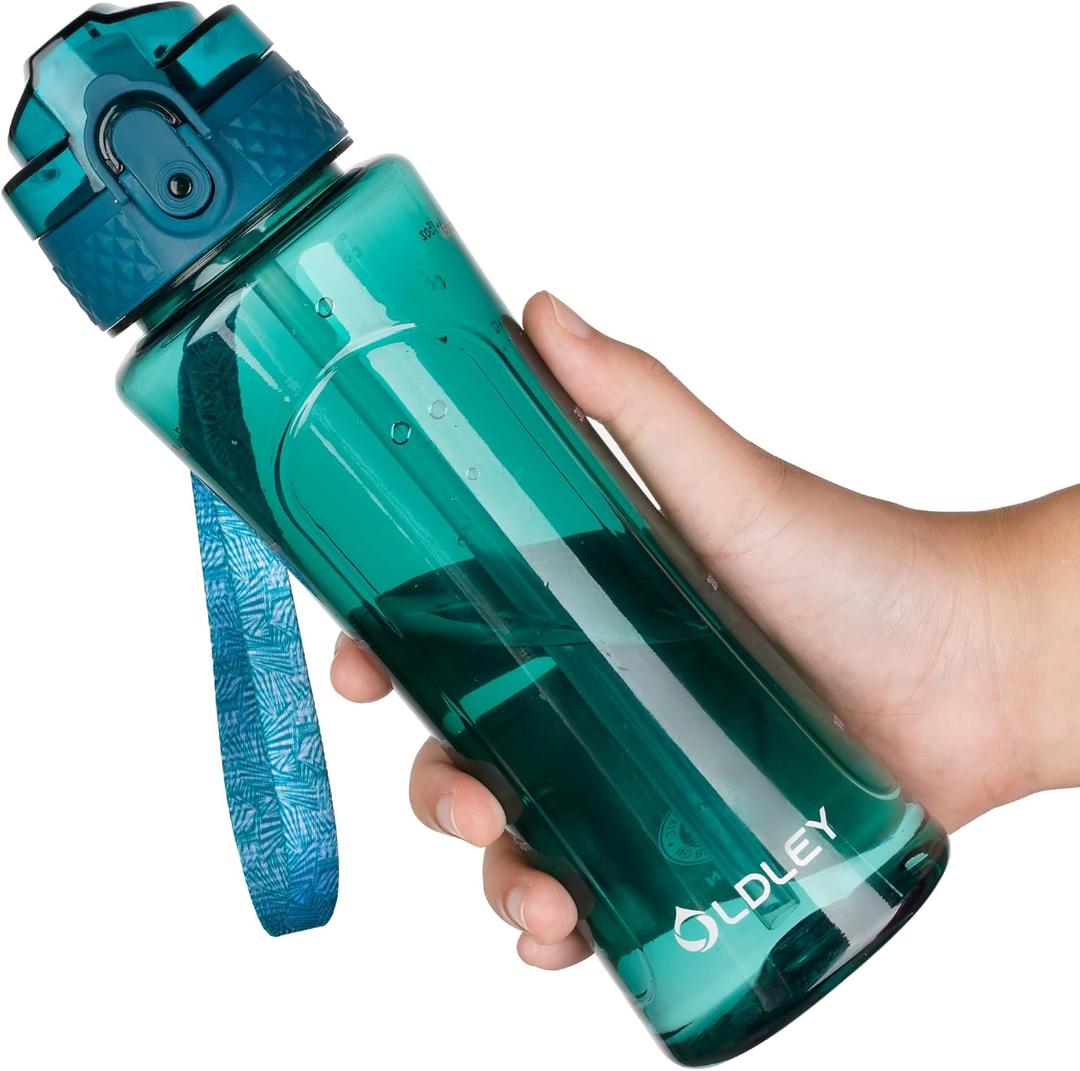 OLDLEY Kids Water Bottle with Straw 15 oz BPA-Free Leak-Proof Motivational Water Bottles with Time Marker for School Sports Travel Gym, Easy to Use for Girls Goys, 1 Straw Lid,Transparent-dark green (A-Transparent Dark Green)