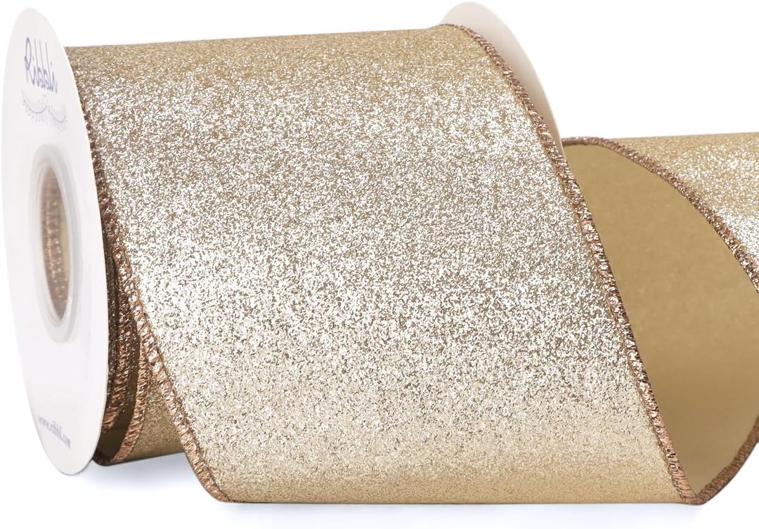 Ribbli Champagne Gold Glitter Wired Ribbon with Metallic Edge, Christmas Ribbon for Wreath, Tree Decoration, Home Decor, 4 Inch x 10 Yards