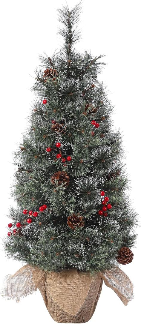 GarveeHome 3ft Christmas Tree Pre-lit, Small Christmas Tree with 78 Lights 3ft, Tabletop Christmas Tree with Lights 3 ft with Pine Cones, Berries Clusters, Cloth Bag Base and Hinged Branches
