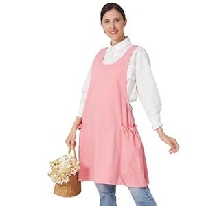 APRONNER Cozy Adjustable Cross Back Aprons for Women with Pockets Cotton Linen Cooking Kitchen Baking Pale Pink