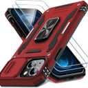 DEERLAMN Case for iPhone 15 with Slide Camera Cover + Screen Protector (2 Packs), Rotated Ring Kickstand Military Grade Shockproof Protective Cover-Red