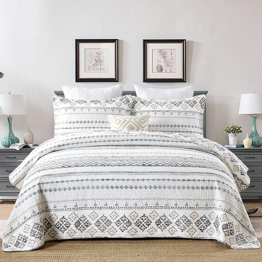 SahSahCasa Quilt King Size, Set, 100% Cotton Boho Quilt, Bedding Set Bedspreads, Bohemian Reversible Lightweight Striped Quilts Bedspread for All Season, White/Grey, 3 Pieces