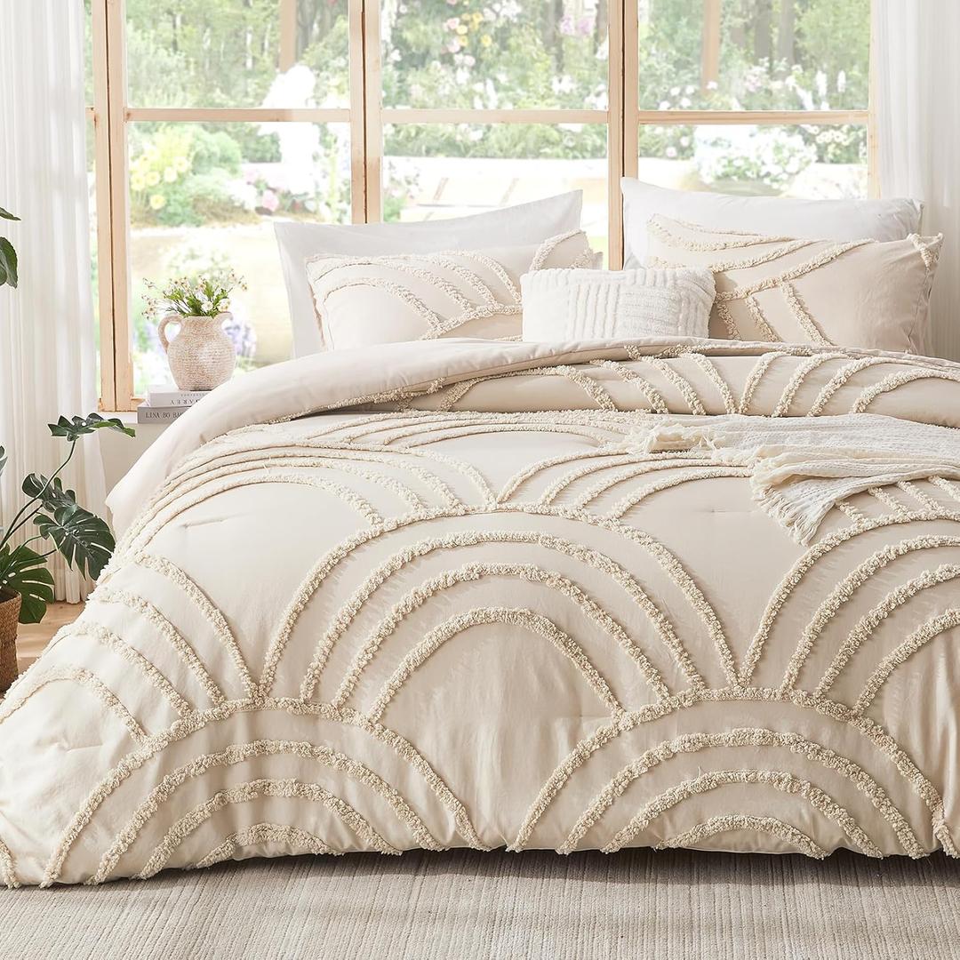 ENJOHOS Twin/Twin XL Boho Comforter Set - Beige Cream Tufted Bedding Comforter Sets, Fluffy Jacquard Rainbow Bedding for All Season, 2 Pieces Lightweight Soft Bed Set Boho Chic Decor