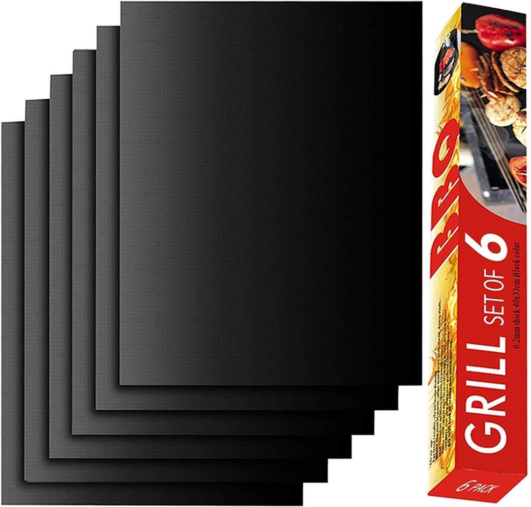 RENOOK Grill Mat Set of 6-100% Non-Stick Reusable Mats for Gas, Charcoal or Electric Grills - Easy to Clean - 15.75 x 13-Inch, Black