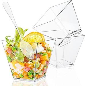 50 Pack 3.5 Oz Mini Square Dessert Cups with Spoons,Plastic Parfait Appetizer Cup,Disposable Plastic Cups for Puddings Mousse Desserts Pack Of 2