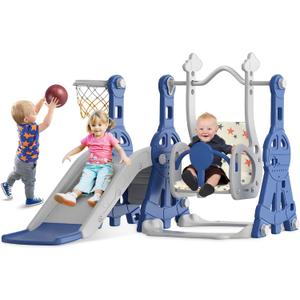 BIERUM 4 in 1 Toddler Slide and Swing Set, Baby Slide for Toddlers Age 1-2, with Basketball Hoop, Indoor Outdoor Toddler Playset Blue