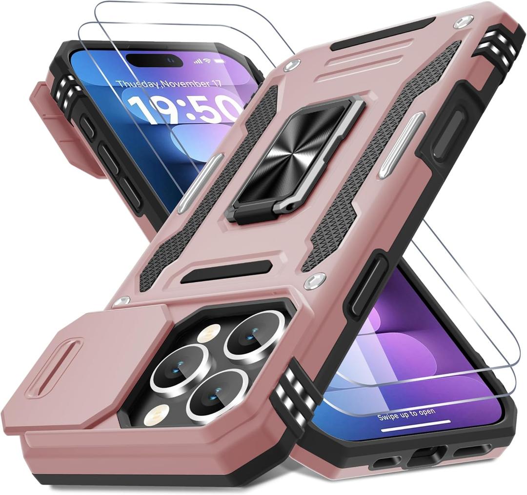DEERLAMN Case for iPhone 16 Pro with Slide Camera Cover+Screen Protector (Pack of 1), Rotated Ring Kickstand Military Grade Shockproof Protective Cover-Rose Gold