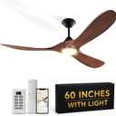 Wall Switch-60 inch Outdoor Ceiling Fan with Light Remote for Patios, Wet Rated Wood 3-Blade Propeller Ceiling Fans, Smart APP, High CFM 6-Speed DC Motor for Exterior Indoor, 3 LED Glass Lamp, Walnut