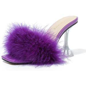 LIURUIJIA Feather High Heel Mules Sandals for Women Slip On Square Toe Clear Tapered Chunky Heels Fuzzy Fluffy Bridal Wedding Party Sexy Shoes (8, Purple)