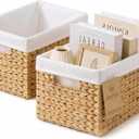 Water Hyacinth Wicker Baskets for Storage, Handwoven Rattan Shelf Basket for Organizing Pantry Closet Bedroom, 100% Natural Decorative Woven Organizer with Handles and Waterproof Canvas, 2 Pack