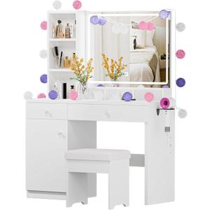 Makeup Vanity Desk with Mirror and Led Lights,Makeup Desk with Lights 3 Colors,Makeup Vanity with 5 Drawers&3 Shelves, Vanity Table with Stool and Power Outlet, Vanity Set for Bedroom,White