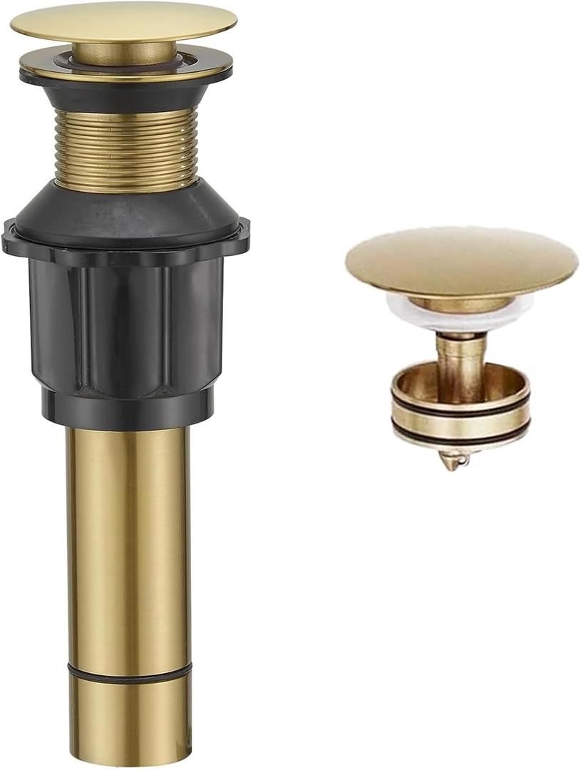 Bathroom Sink Drain Without Overflow, Brushed Gold Bathroom Sink Stopper for Vanity Vessel Sink, Rapid Draining Stainless Steel Pop Up Drain with Hair Catcher Anti-Clog Strainer