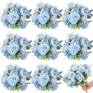 Lyrow 8 Pcs Peony Artificial Flowers Fake Silk Hydrangea Bouquet Elegant Peony Flowers for Wedding Decoration Faux Realistic Floral for Home Party Table Centerpieces Arrangement (Blue)