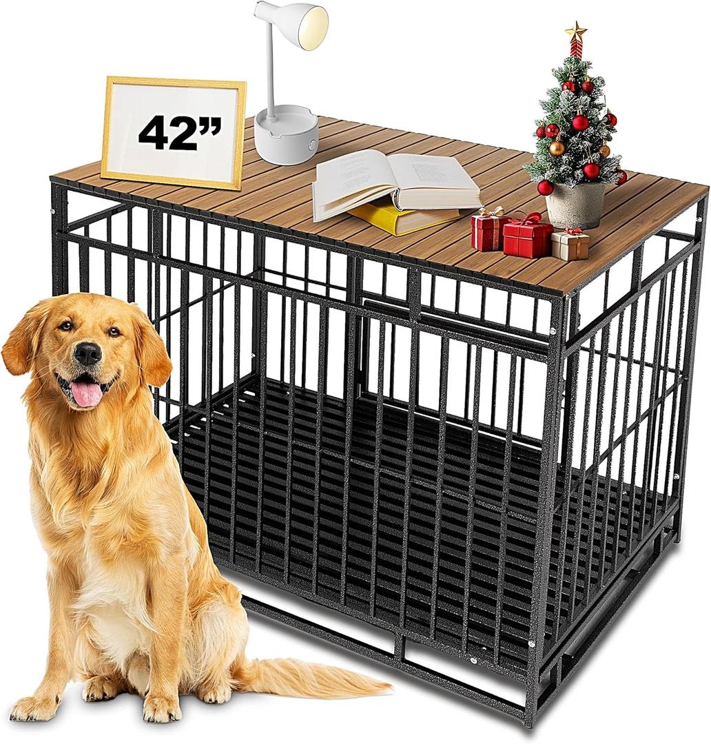 Dog Crate Topper with Magnets for 42 Inch Crate - Aluminum Foldable Dog Kennel Topper Decorative Storage Pet Crate Table Walnut (Only Topper)