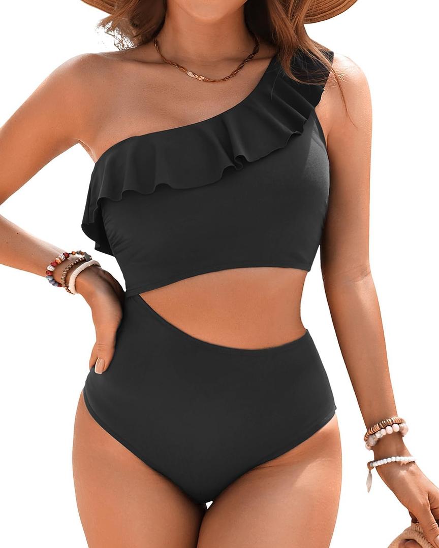 Women One Piece Cutout Swimsuits - One Shoulder Ruffle Cut Out Bathing Suit Swimwear Monokini 2025 (Large, Black)