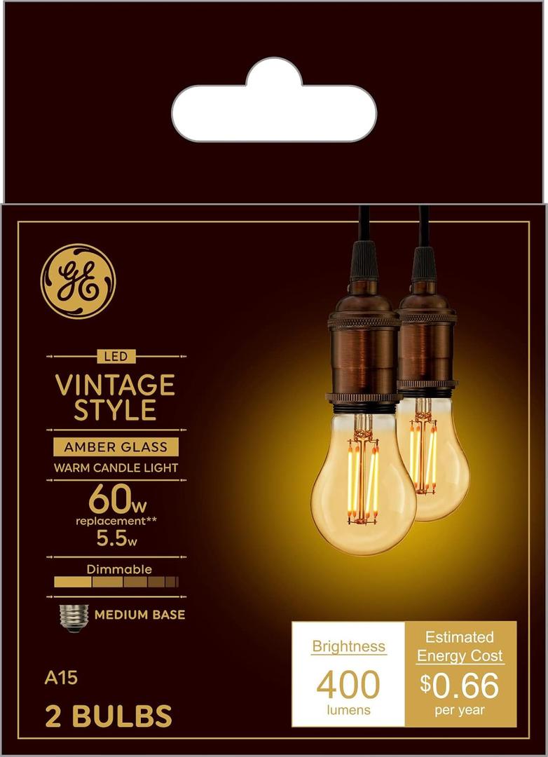 GE Lighting VintaStyle LED Light Bulbs, 5.5 Watts (60 Watt Equivalent) Warm Candle Light, Amber Glass, Medium Base, Dimmable (2 Pack)