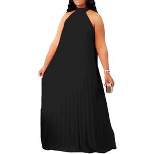 Aro Lora Womens Casual Sleeveless Plus Size Chiffon Halter Neck Pleated Loose Long Maxi Dress (5X-Large, Black)