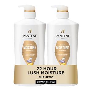 Pantene Shampoo, Daily Moisture Renewal - Pro-V Nutrients for Dry, Color-Treated, Straight to Curly Hair, 72-Hour Hydration & Softness, 27.7 Oz Each, 2-Pack + Miracle Rescue Shot (0.5 Oz)